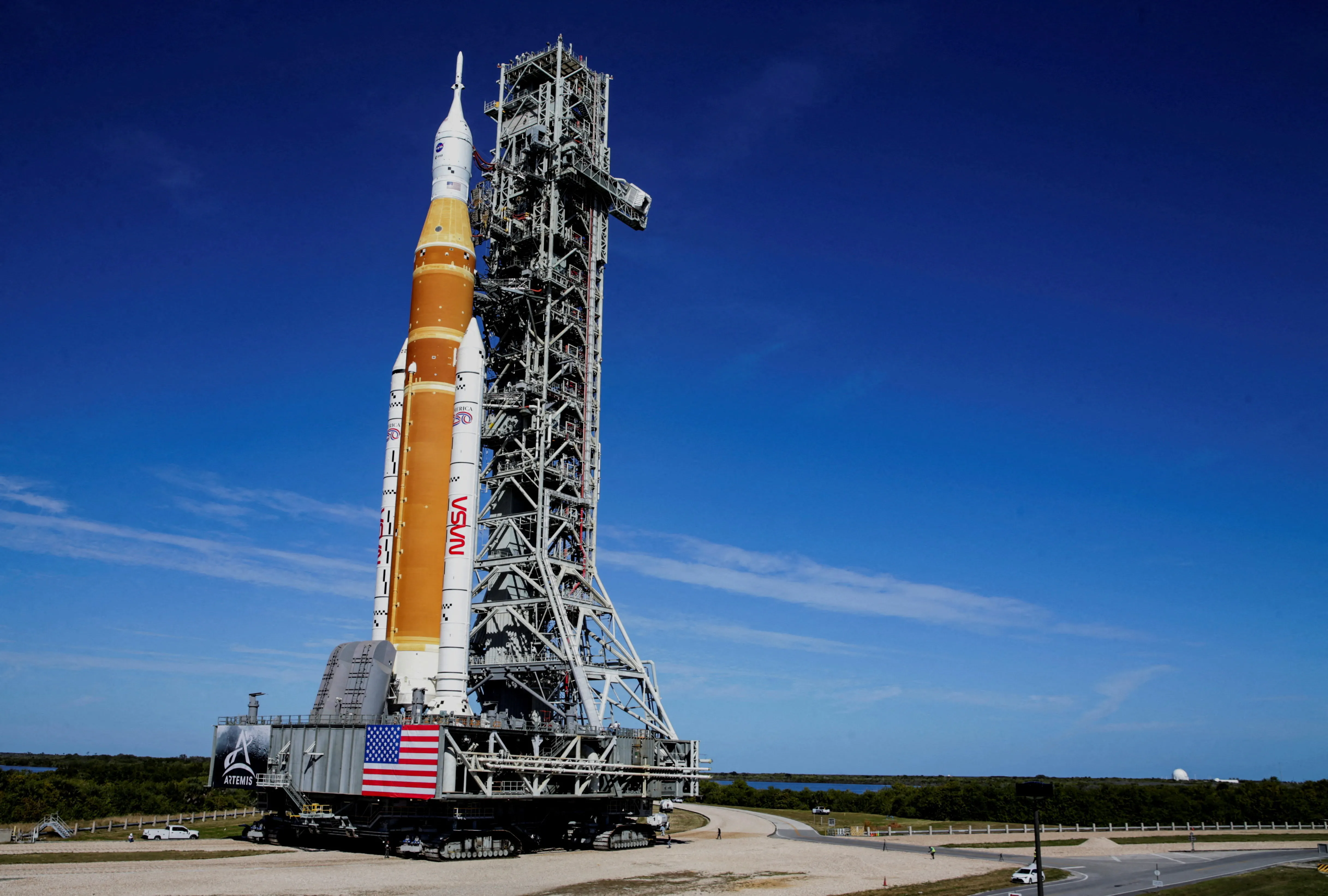 NASA SLS rocket with Orion capsule for Artemis II on launch pad