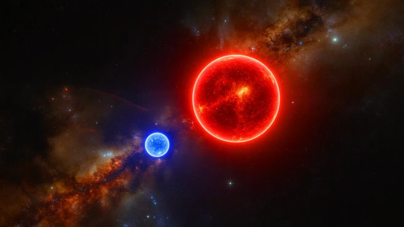 Artist's impression of Betelgeuse and its newly discovered companion star, Betelbuddy, orbiting within the red supergiant's outer atmosphere