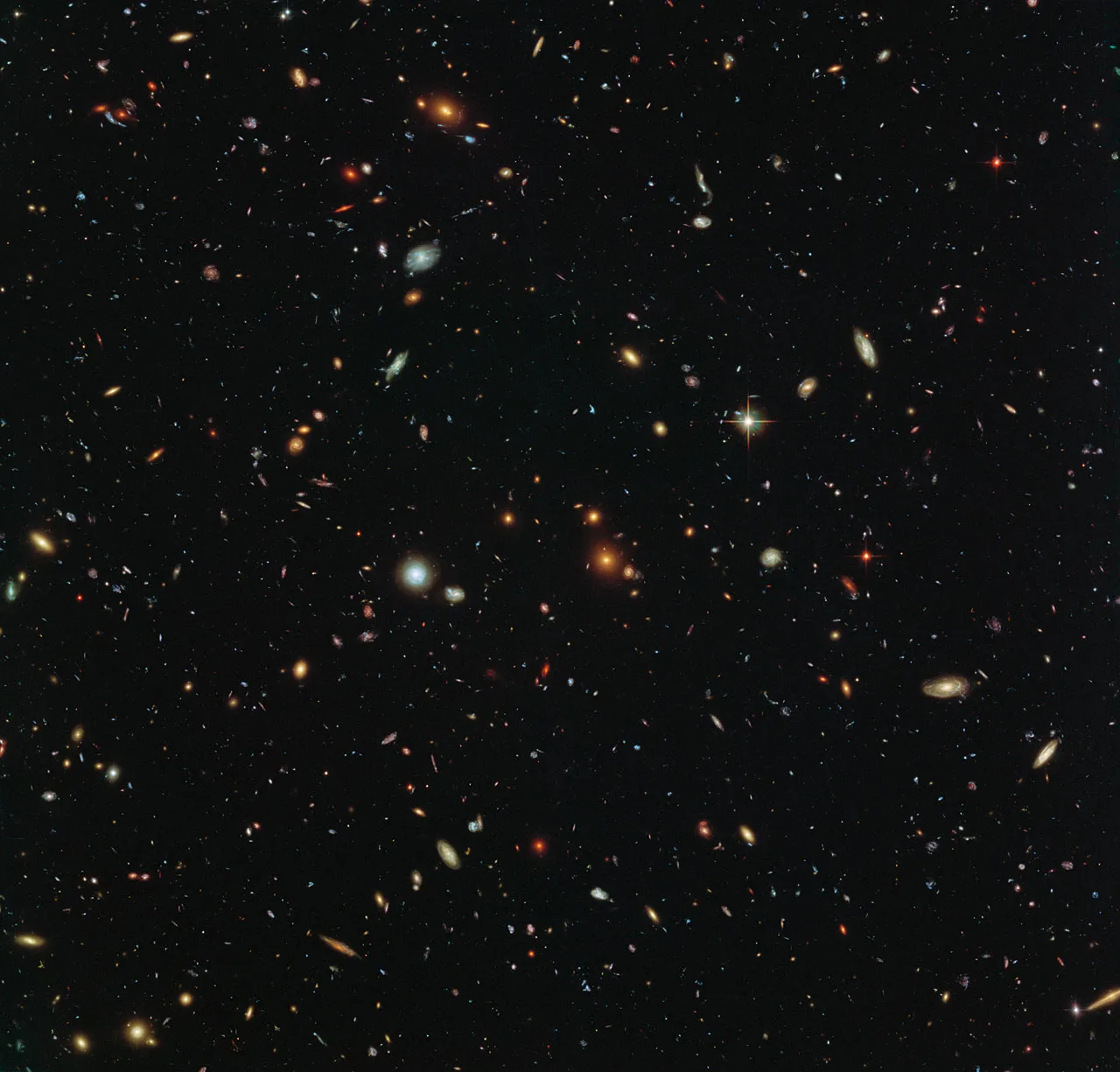 A wide, sparse field of distant galaxies thinning toward a dark, nearly empty central region of deep space.