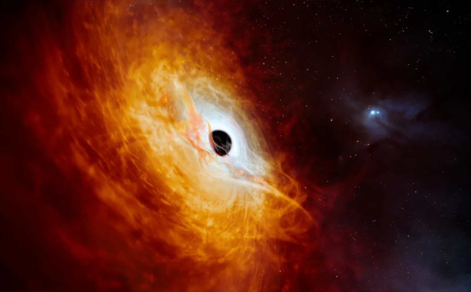 Artist's impression of the quasar J0529-4351, a brilliant accretion disk of superheated gas spiraling into a supermassive black hole.