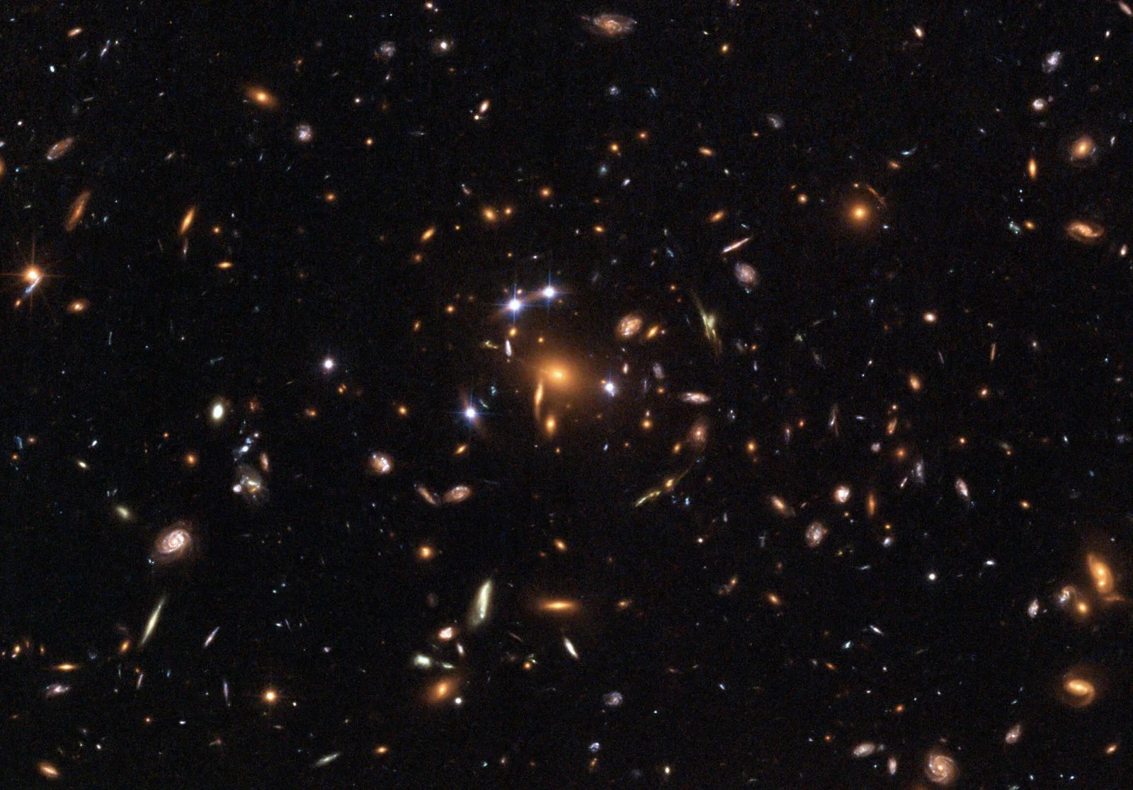 Composite image of the Bullet Cluster showing pink X-ray gas separated from blue gravitational mass maps after a cluster collision.
