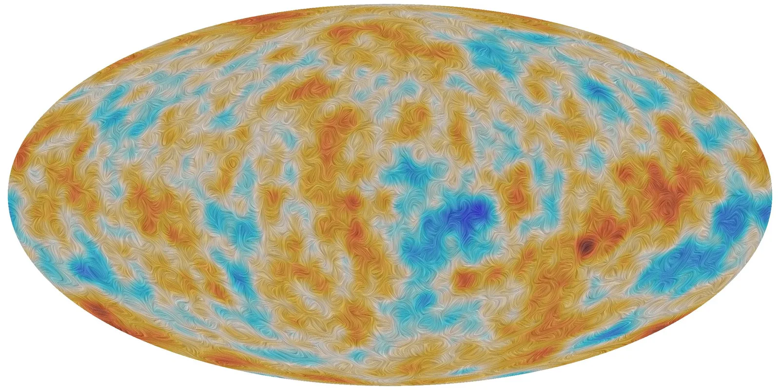 An all-sky map of the cosmic microwave background, showing tiny temperature fluctuations as a mottled pattern of warmer and cooler patches.