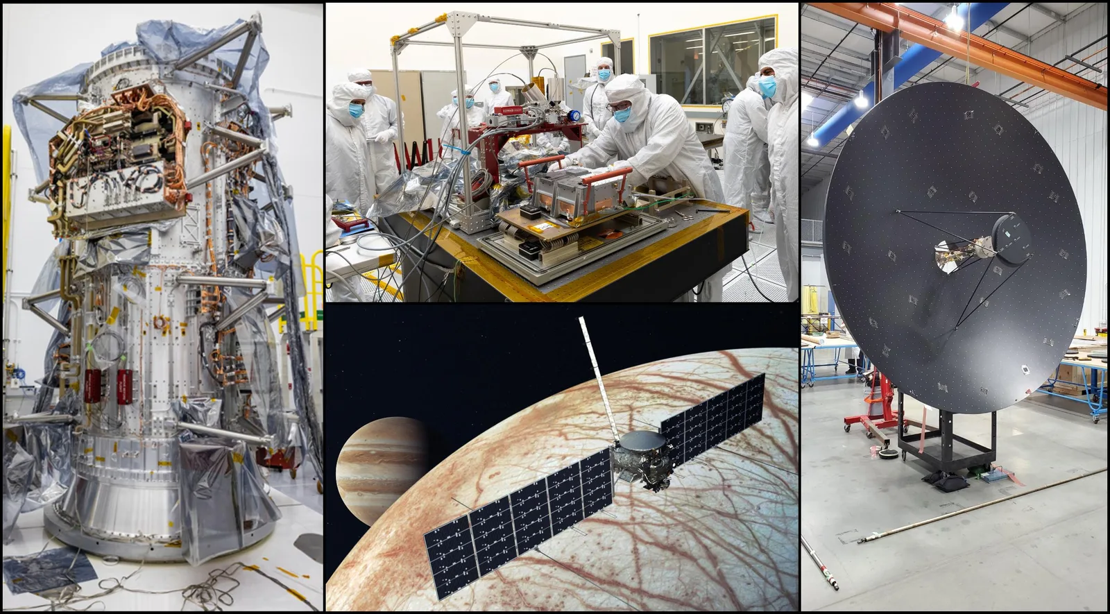 Europa Clipper spacecraft with large solar arrays passing above the cracked, icy surface of Jupiter's moon Europa.
