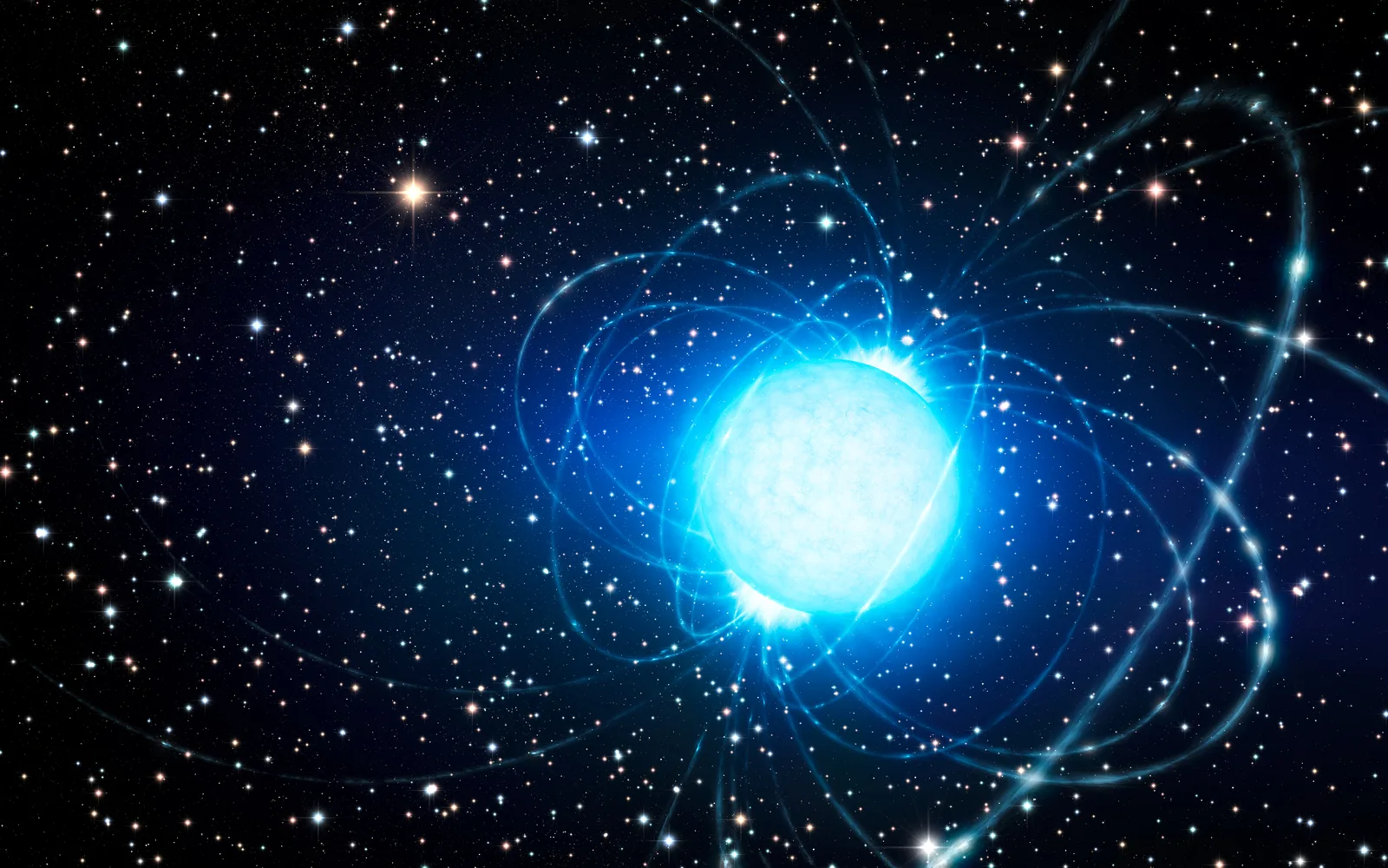 Artist's rendering of a magnetar, a dense neutron star wrapped in violently twisted magnetic field lines, emitting a beam of radio energy into space.