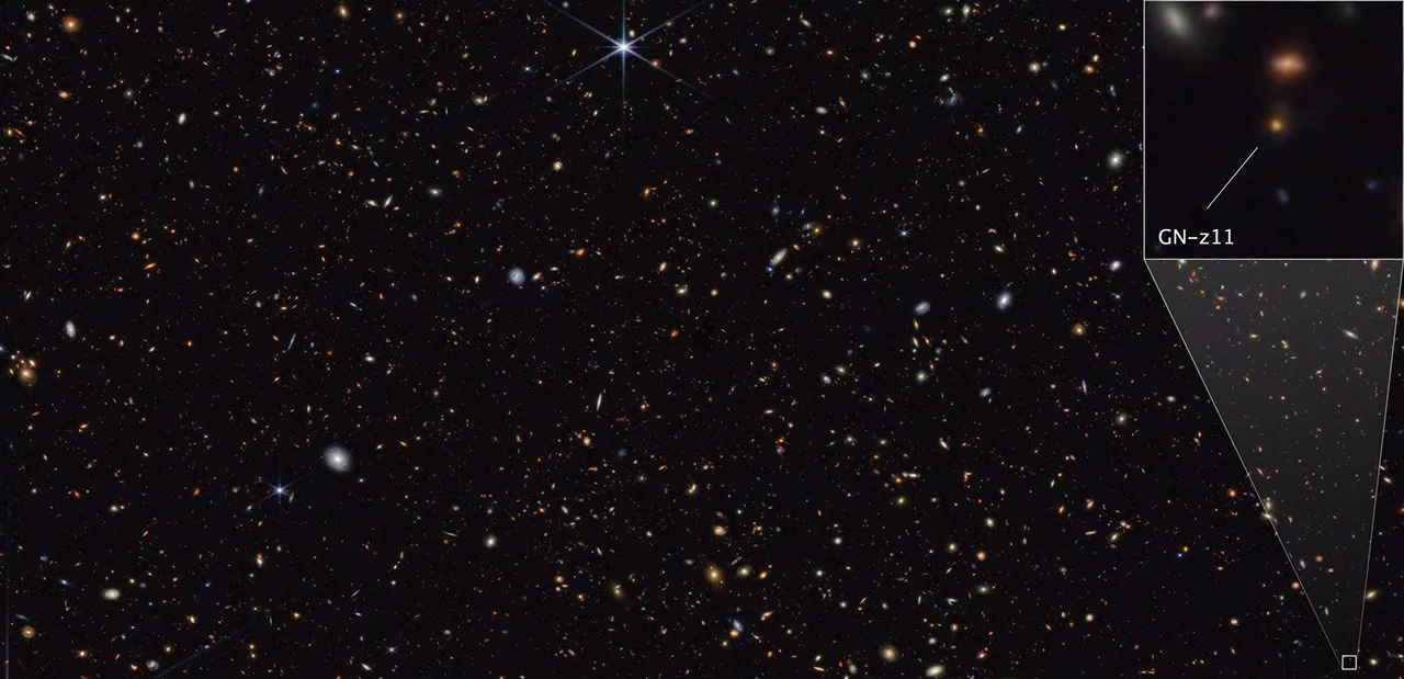 James Webb Space Telescope image of the distant galaxy GN-z11 and its faint halo in the early universe, where a metal-free helium signature has been detected.
