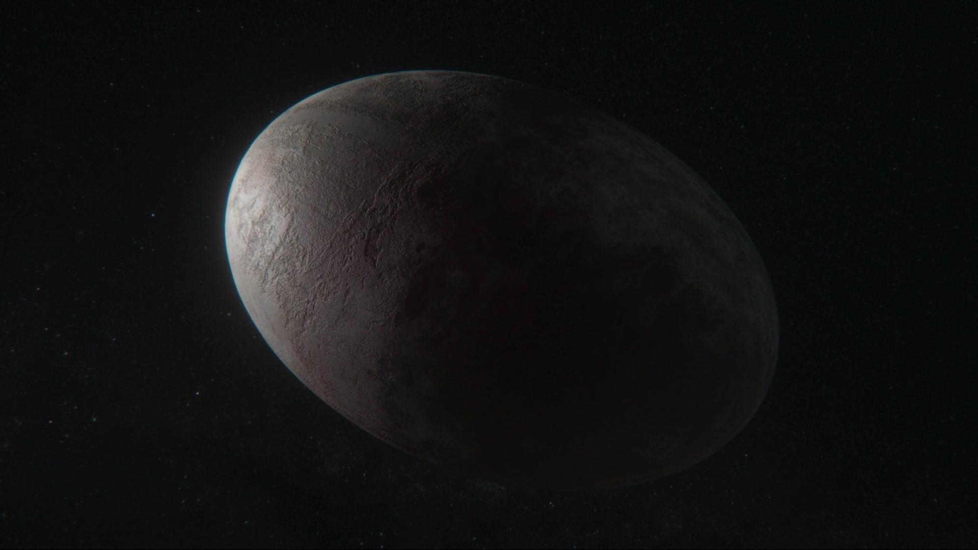 Artist's impression of dwarf planet Haumea with its narrow ring and two moons