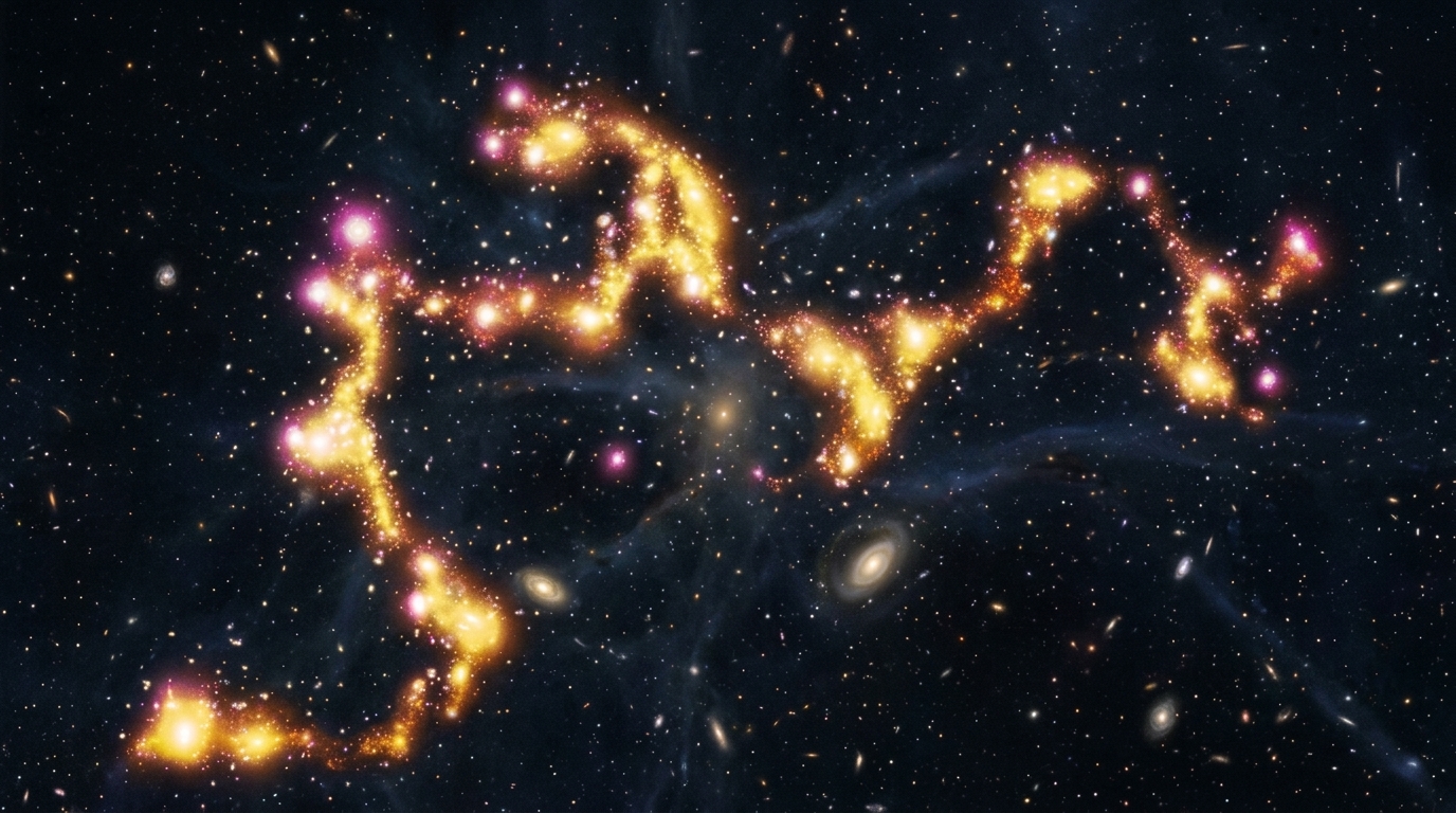 Cosmic web visualization showing galaxies arranged in filaments, walls, and voids across the observable universe