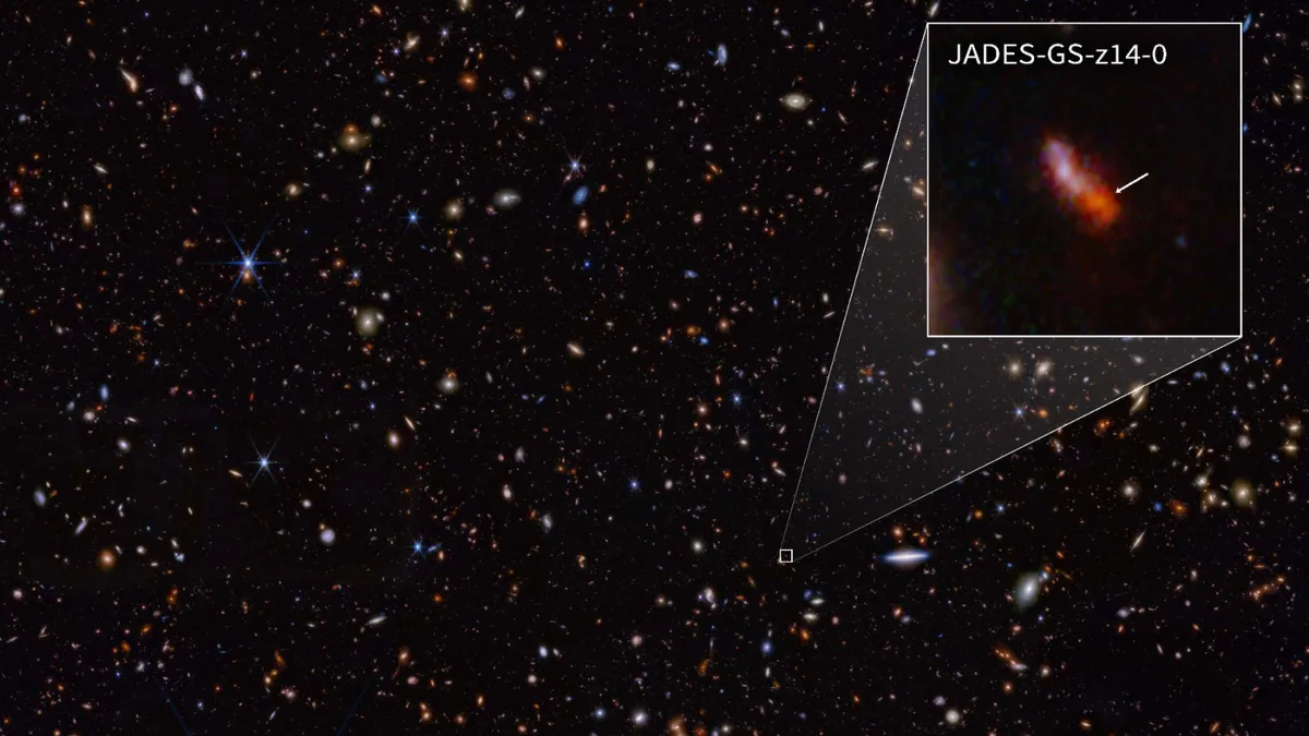 Deep-field image from the James Webb Space Telescope showing thousands of faint, distant galaxies against the black of space.