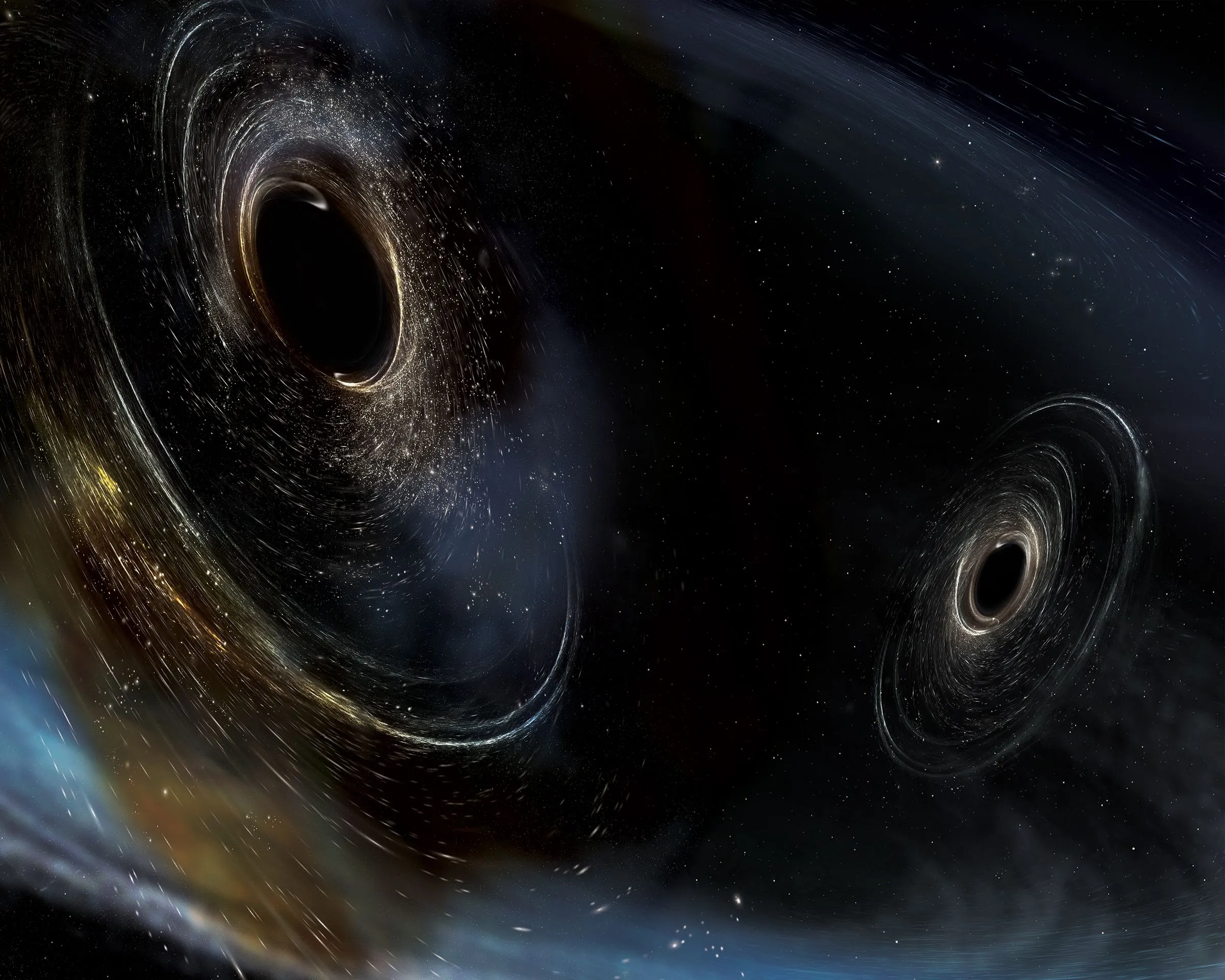 Artist's impression of two black holes in the final inspiral phase before merger, emitting gravitational waves across spacetime