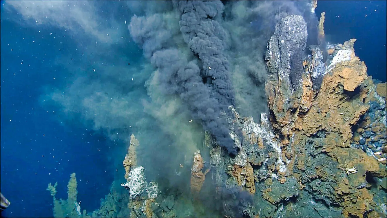 Artist's reconstruction of a deep-sea hydrothermal vent system on the early Earth, similar to where LUCA may have originated