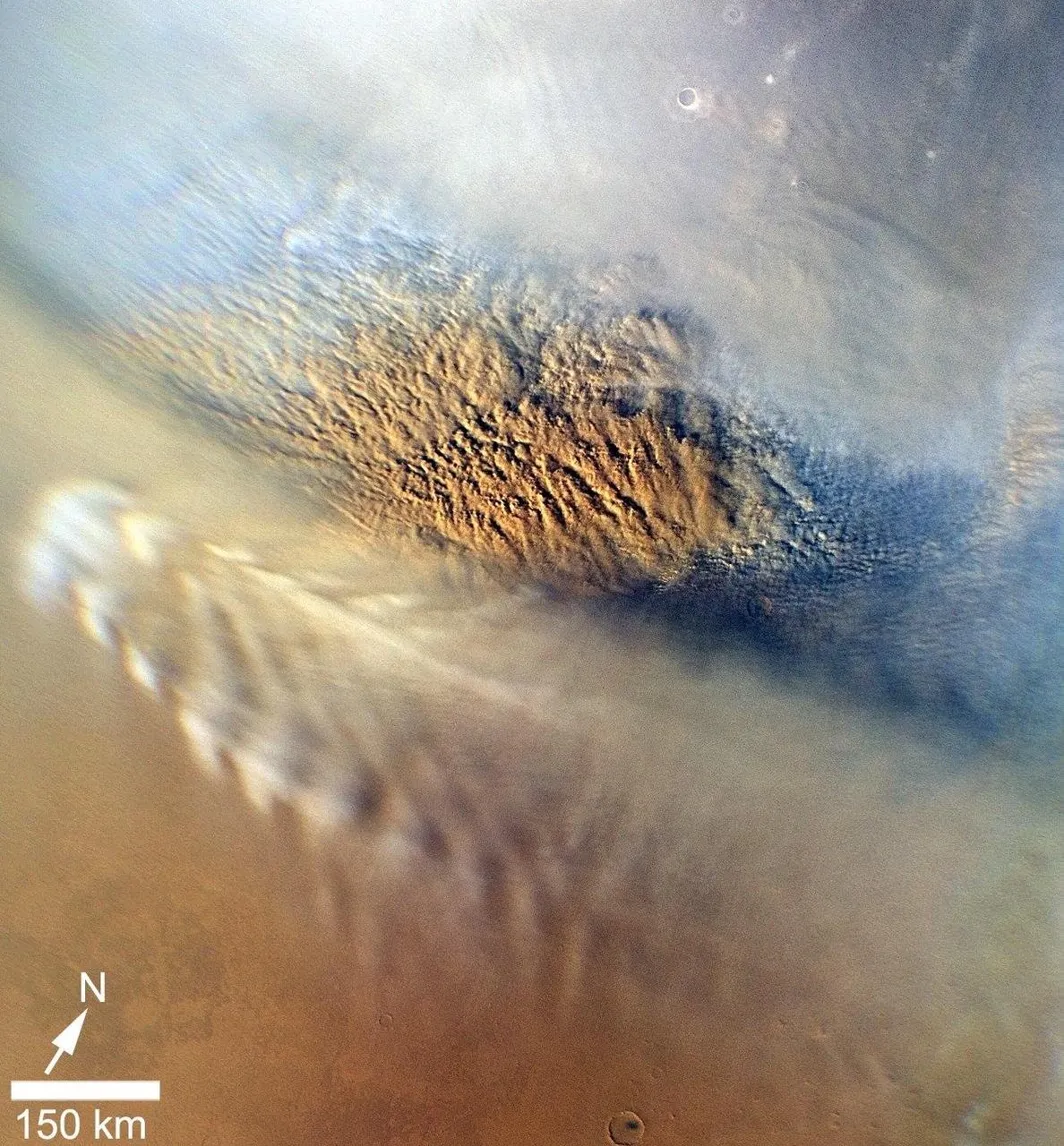 Mars dust storm seen from orbit — the environment that generates electrostatic discharges