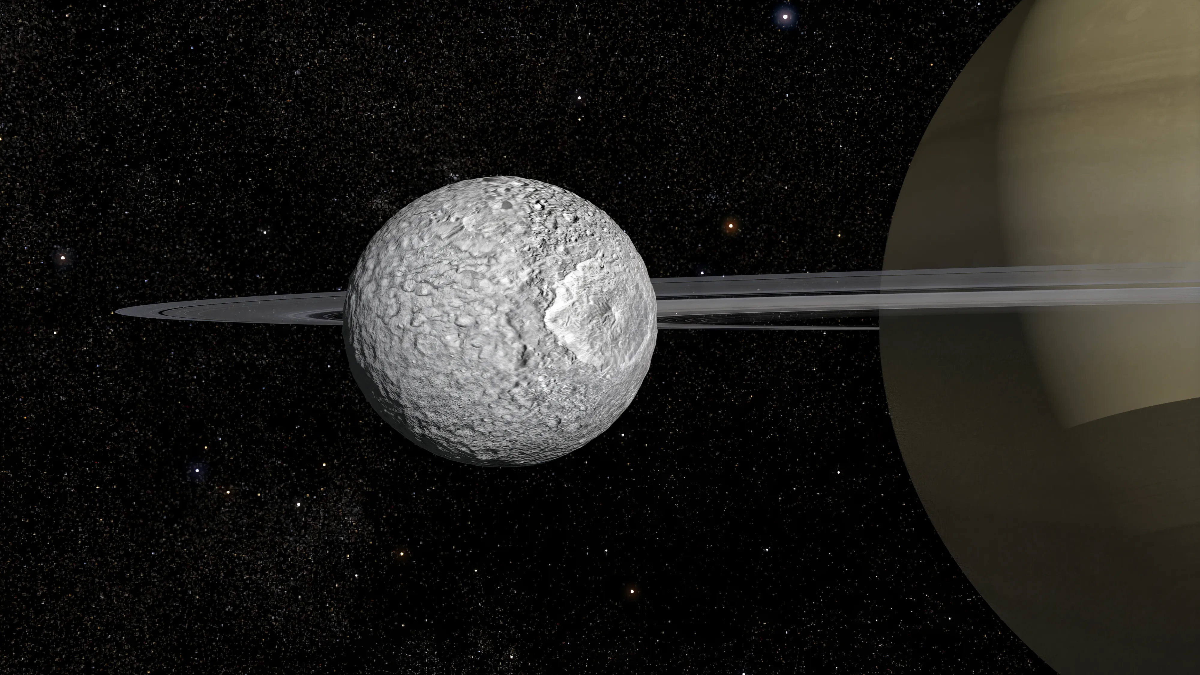Cassini image of Saturn's moon Mimas showing the Herschel impact crater that dominates one hemisphere, masking the recently confirmed subsurface ocean