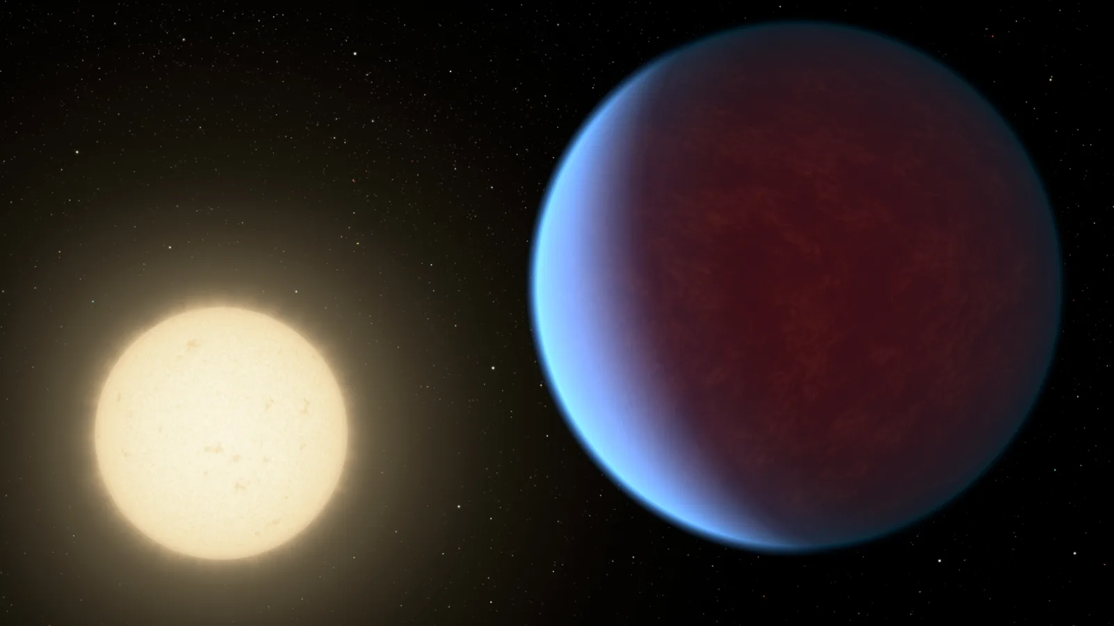 Artist's impression of a rocky exoplanet with a glowing molten surface and a hazy atmosphere, orbiting close to a small red star.