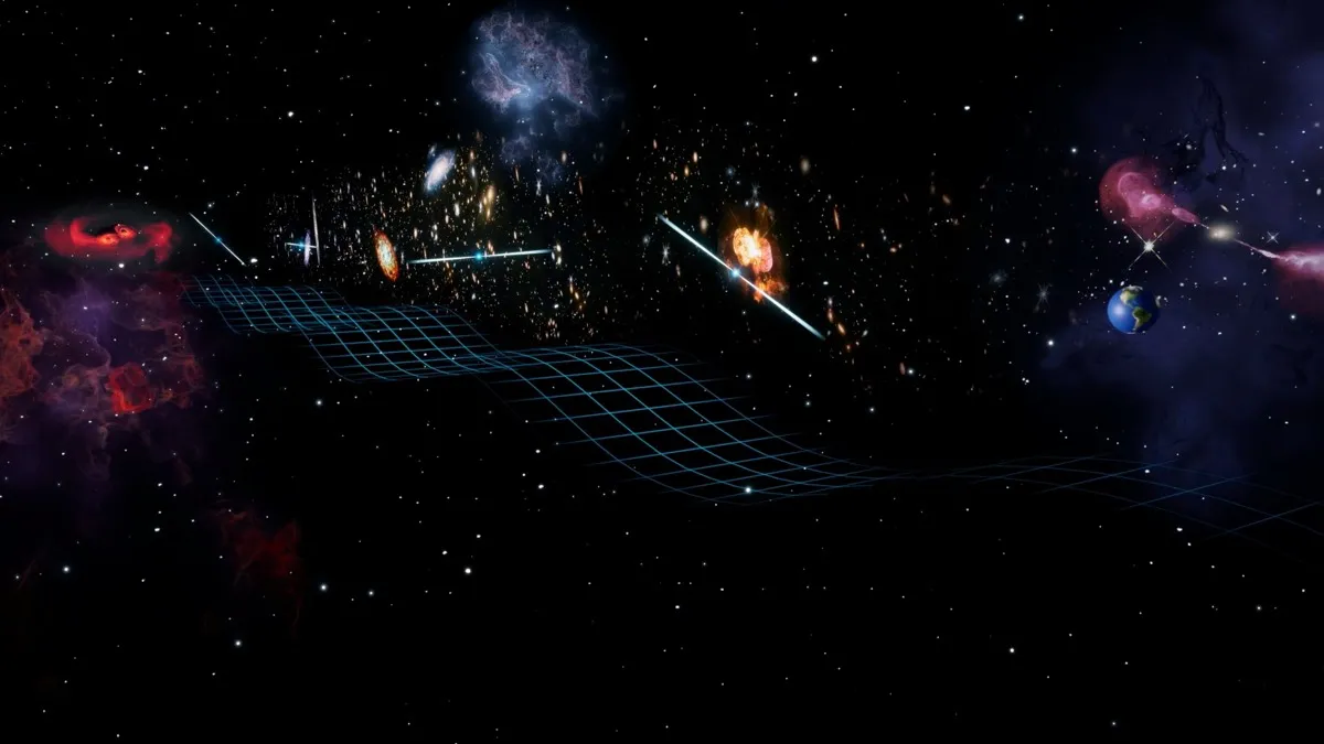 Artist's impression of pulsars across the galaxy serving as cosmic clocks for the NANOGrav gravitational wave detector