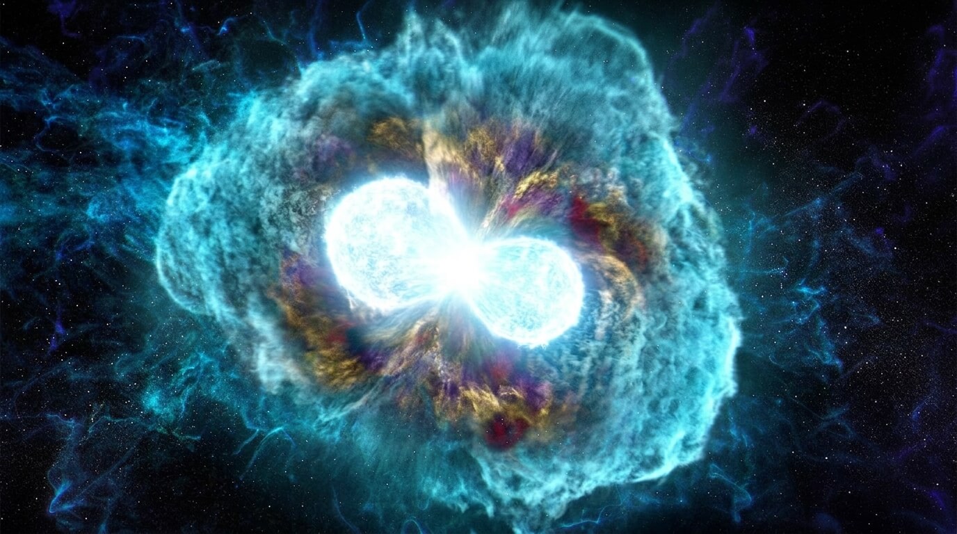 Artist's impression of two neutron stars merging — kilonova and r-process nucleosynthesis