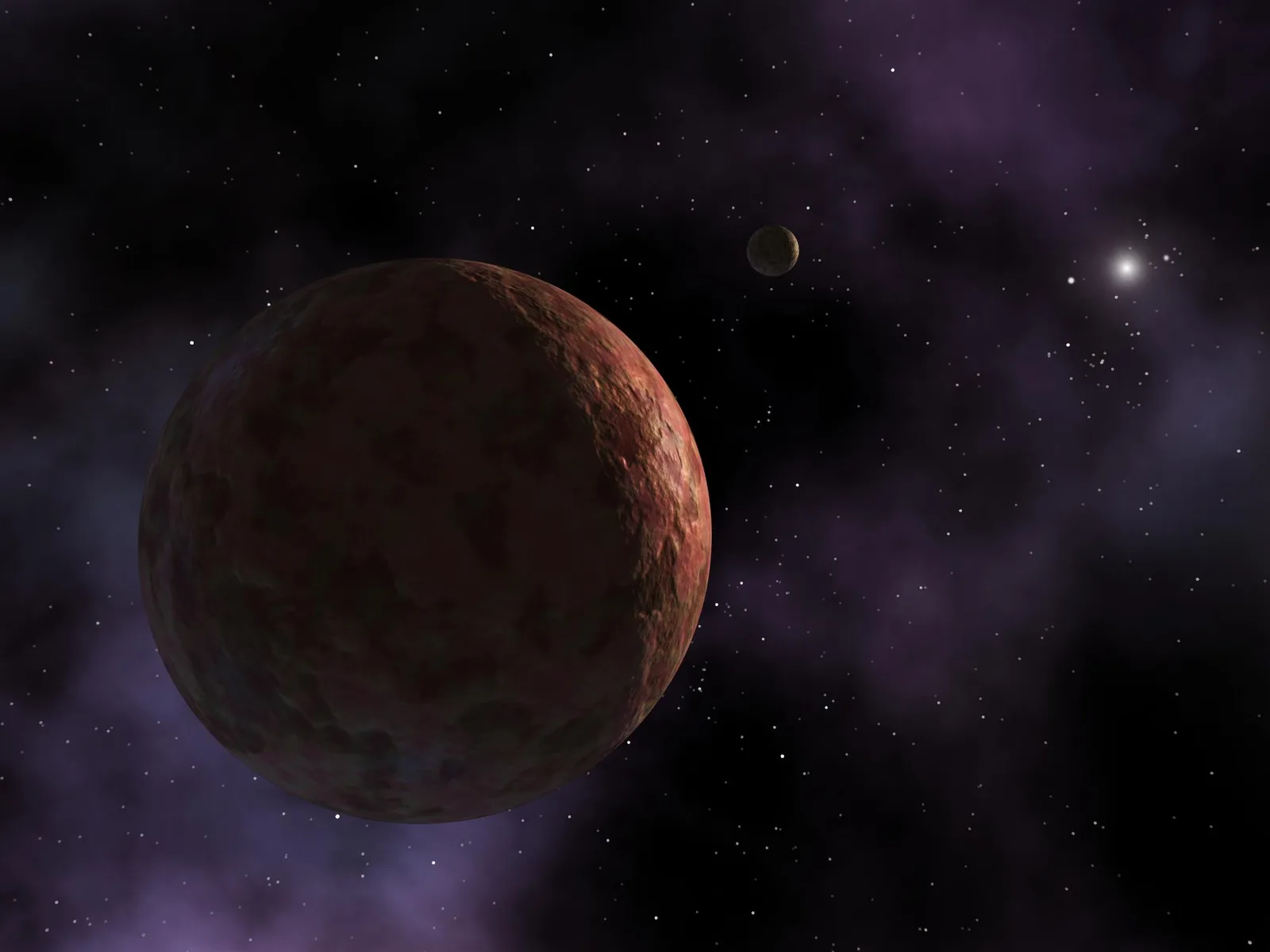 Artist's impression of a hypothetical distant planet with the faint, distant Sun behind it, seen from the cold outer reaches of the solar system.