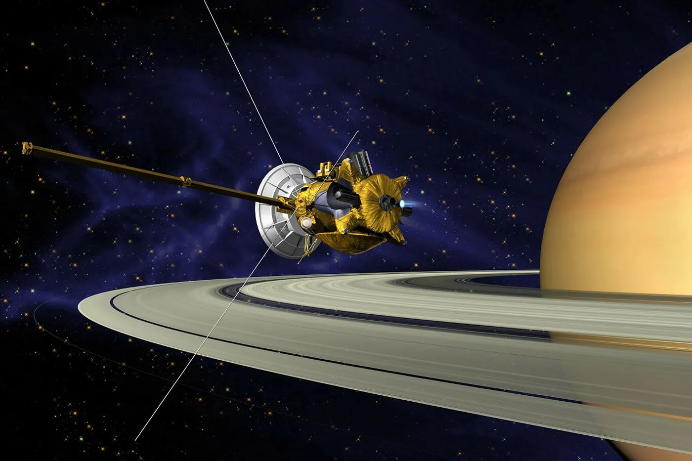 Saturn photographed by the Cassini spacecraft, its banded golden atmosphere and rings casting shadows across the northern hemisphere