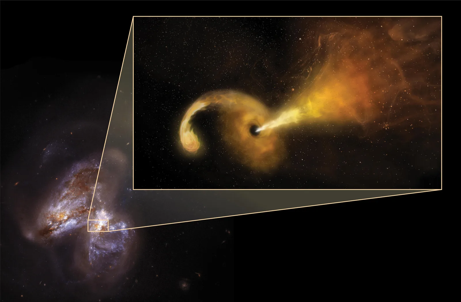 Artist's depiction of a massive blue star spiraling into a black hole companion, surrounded by dense disk-shaped clouds of gas shed before the explosion.