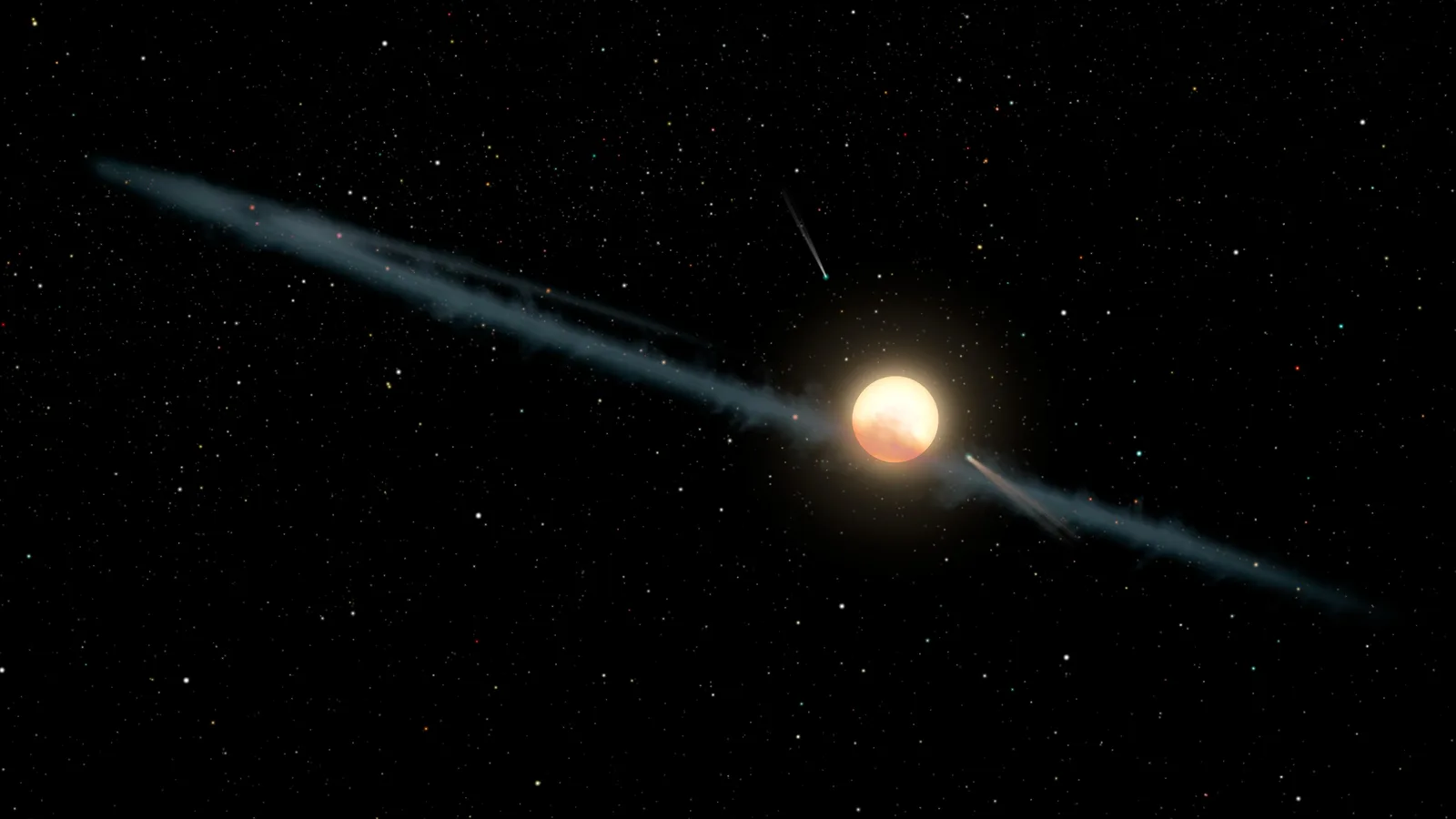 Artist's illustration of a swarm of dusty comet fragments passing in front of a bright F-type star, dimming its light
