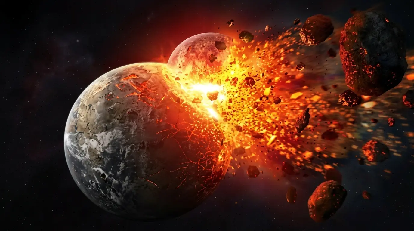 Artist's impression of the giant impact between the proto-Earth and the Mars-sized body Theia, approximately 4.5 billion years ago, the collision that produced the Moon.