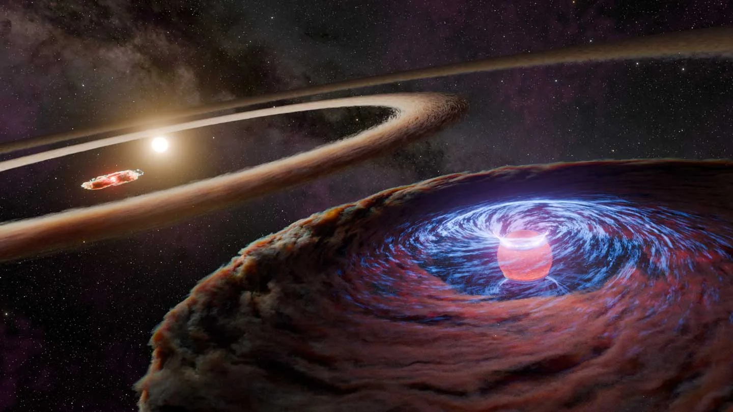 A multi-ringed protoplanetary disk of dust and gas around a young star, with concentric bright rings separated by dark gaps where forming planets clear their orbits.